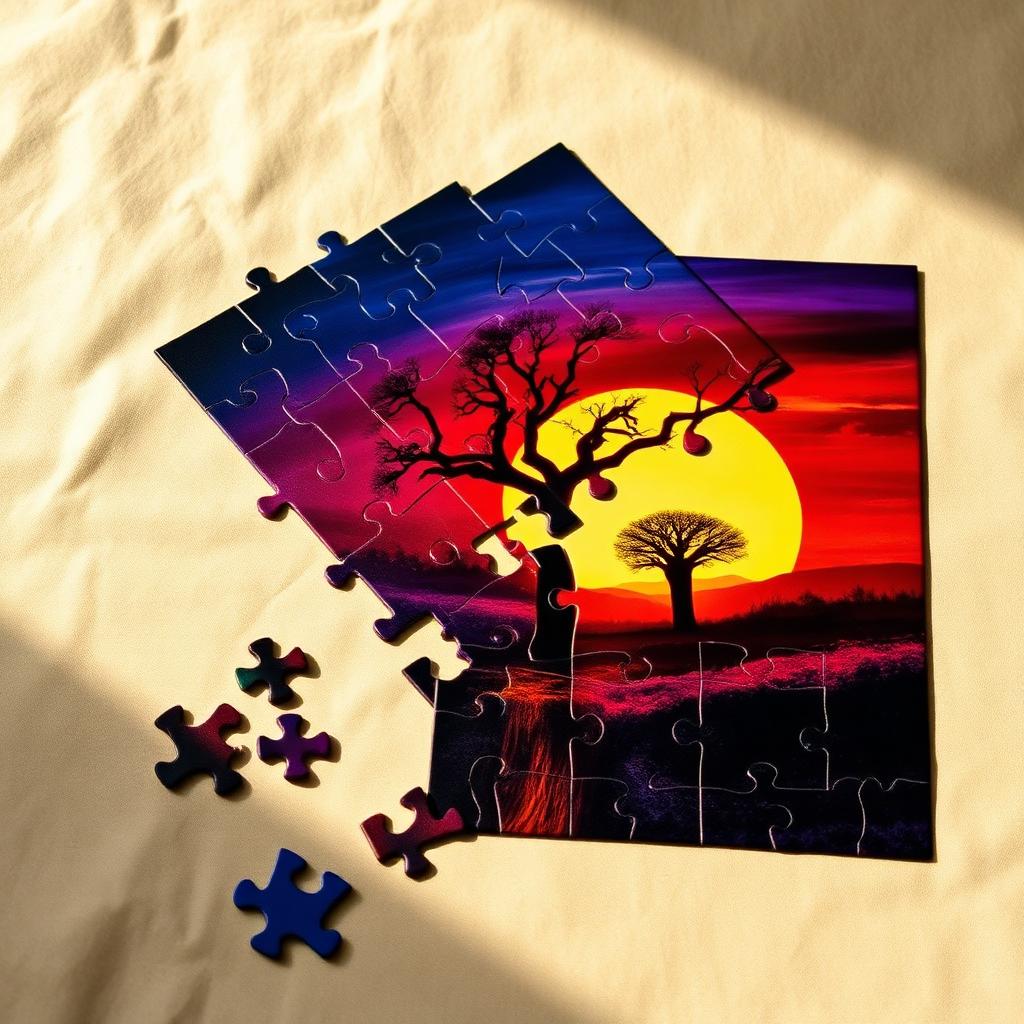 Jigsaw puzzle of a vivid baobab sunrise partially assembled on cream linen